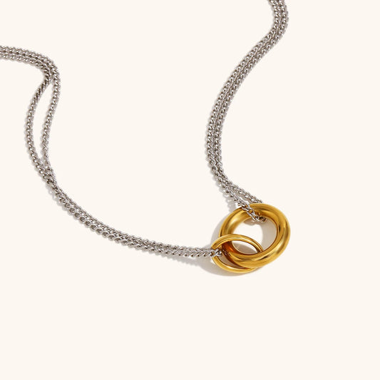 Mixed Color Double Chain Ring Pendant Necklace