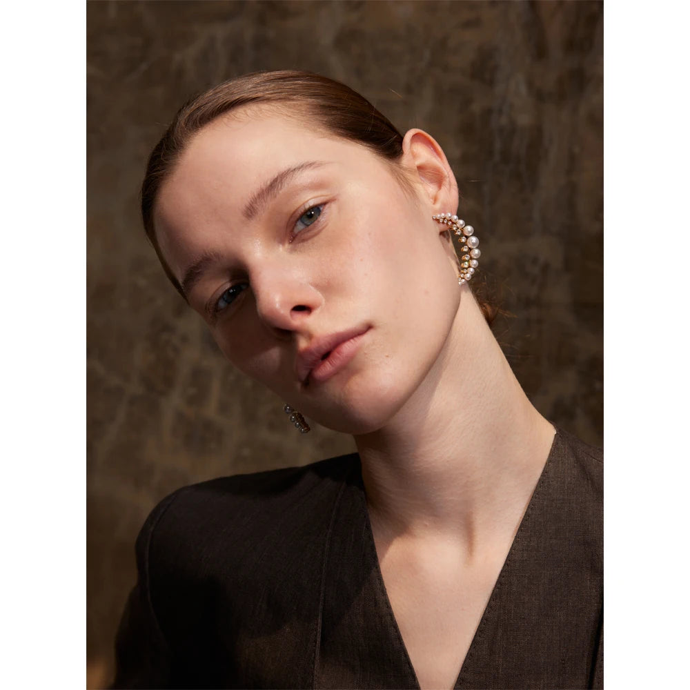 Delicate Pearls Moon Stud Earrings