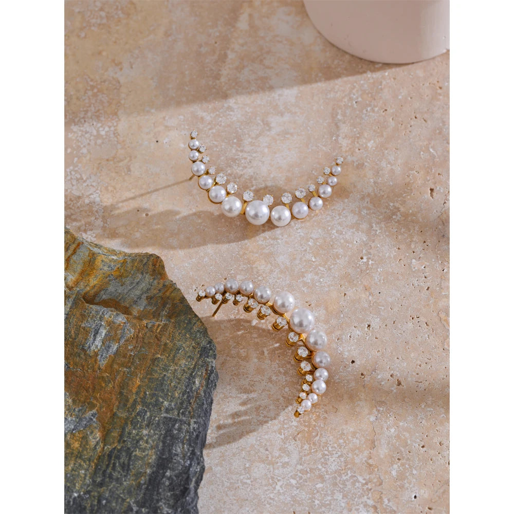 Delicate Pearls Moon Stud Earrings