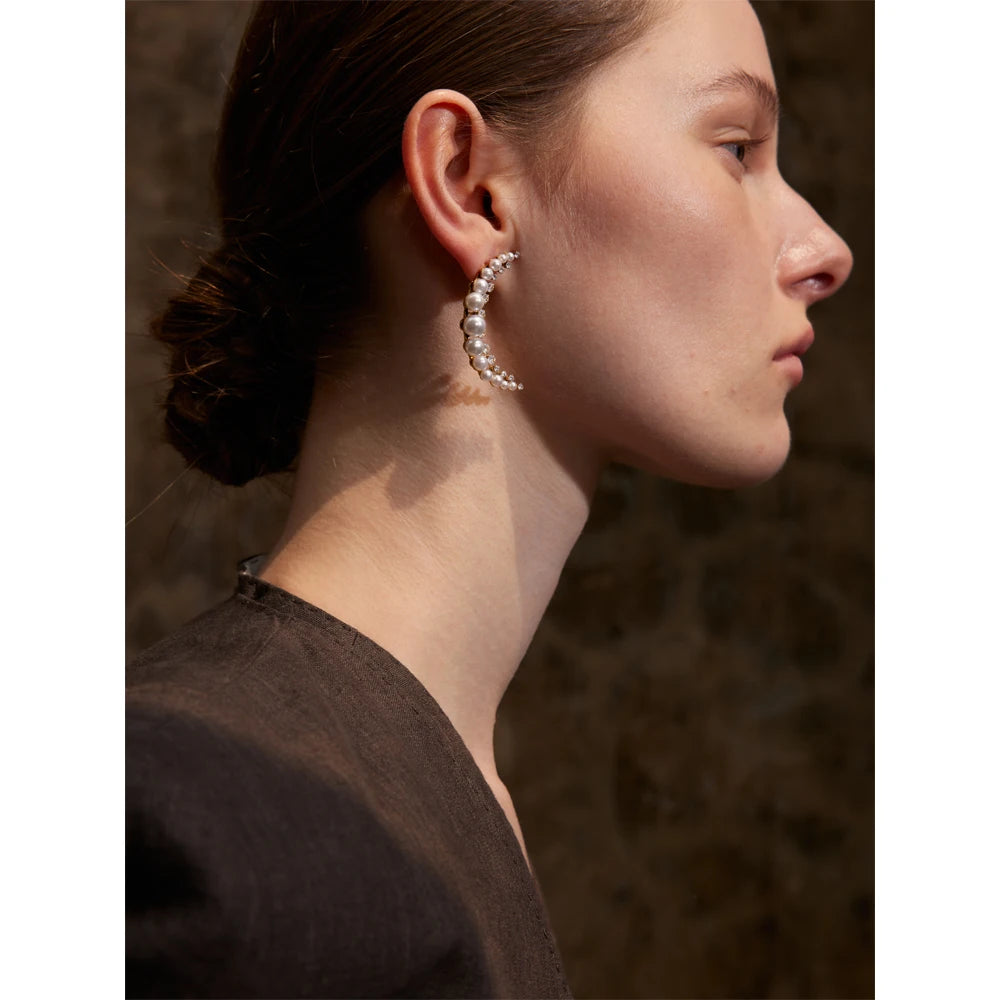Delicate Pearls Moon Stud Earrings