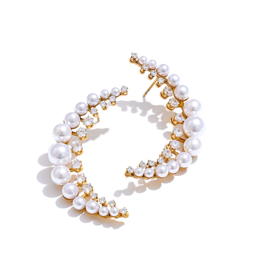 Delicate Pearls Moon Stud Earrings