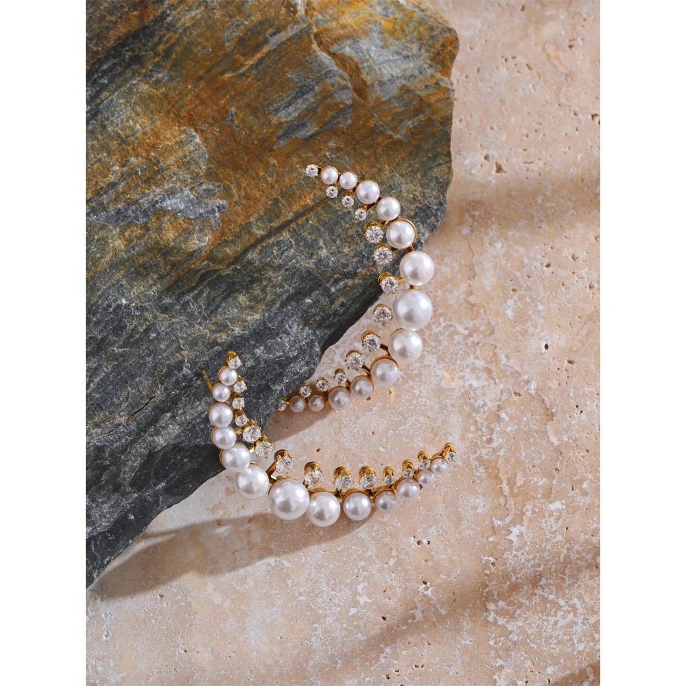 Delicate Pearls Moon Stud Earrings